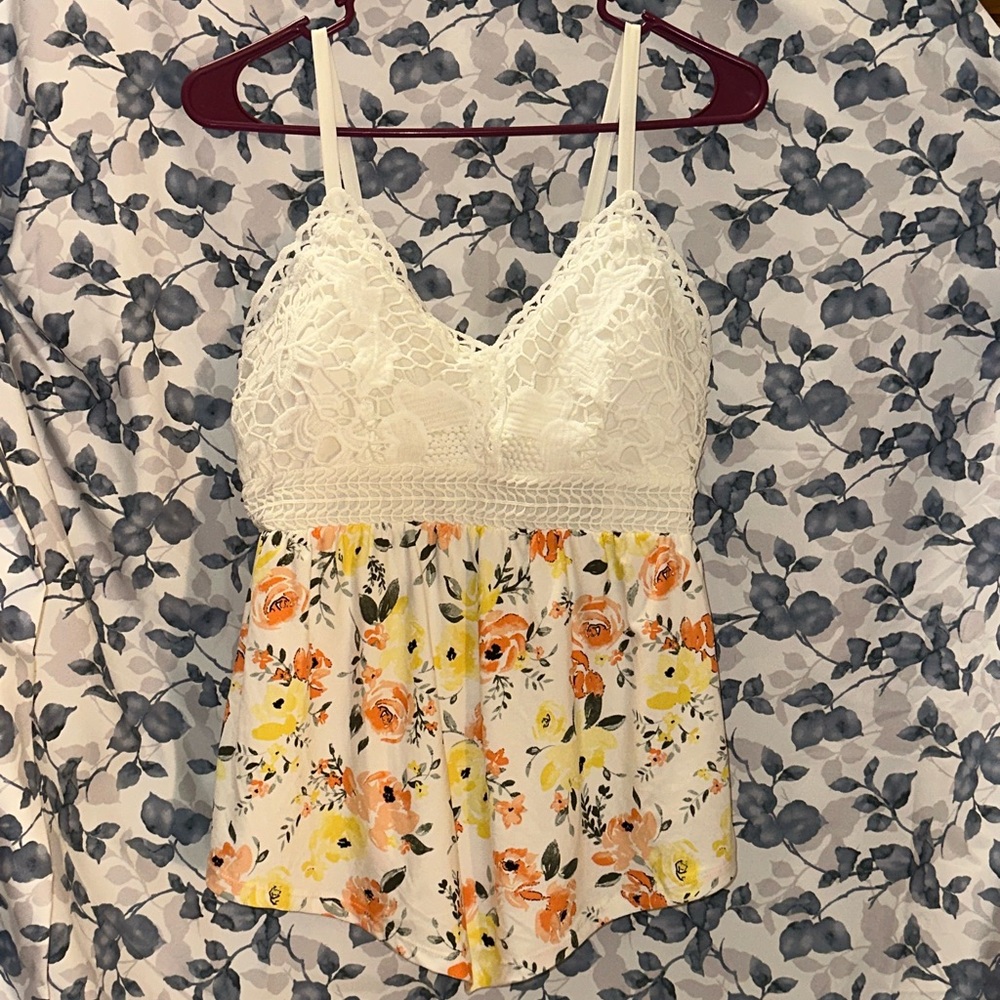 V Cut Floral Lace Trim Top